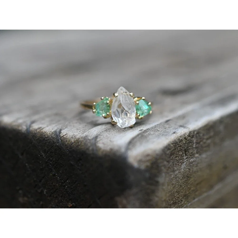 Engagement ring Raw emerald , raw Lake County diamond ring  size 4 5 6  7 8 9 10